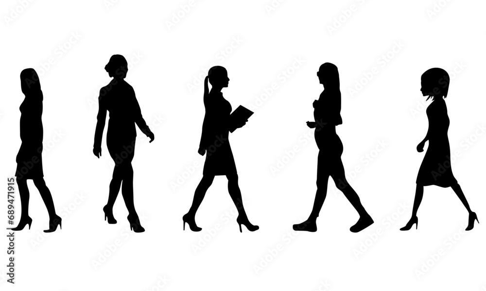 walking women detailed vector and silhouettes set black and white