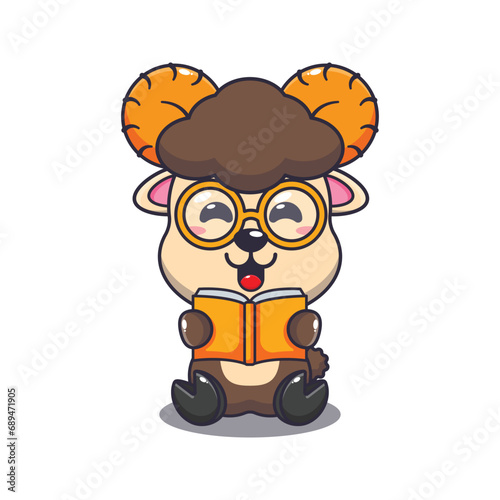 Cute ram sheep reading a book cartoon vector illustration. 