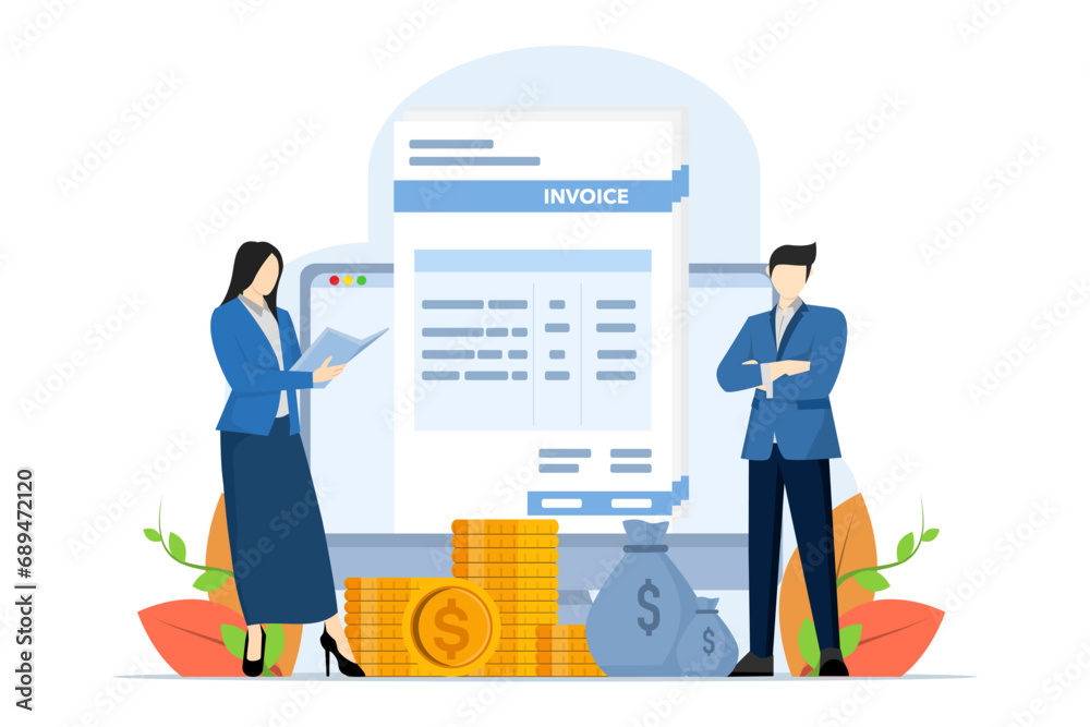 Online payment and accounting concept. Tiny people prepare payment invoices. Accountants make reports on VAT, salaries and money paid. flat vector illustration on white background.