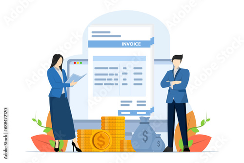 Online payment and accounting concept. Tiny people prepare payment invoices. Accountants make reports on VAT, salaries and money paid. flat vector illustration on white background.