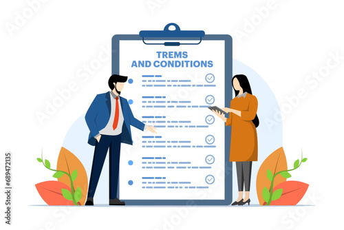 Terms and conditions concept, Businessman reading list of regulatory rules and standards, Privacy policy, Legal notice, Company policy, Company law, Business ethics, flat vector illustration. photo