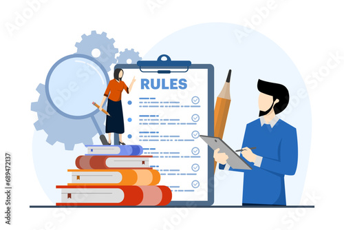 Company policy concept, People discussing company rules and regulations, Agreement, Company law and business ethics, Compliance, for web design, infographics, landing pages, social media, apps.