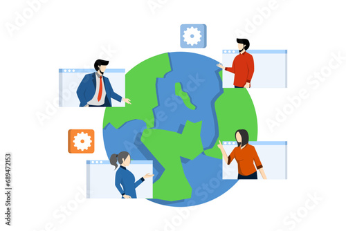 concept of human relations, world business, and networking, network of business people, global connection by connecting people orbiting around the world. vector flat illustration on white background.
