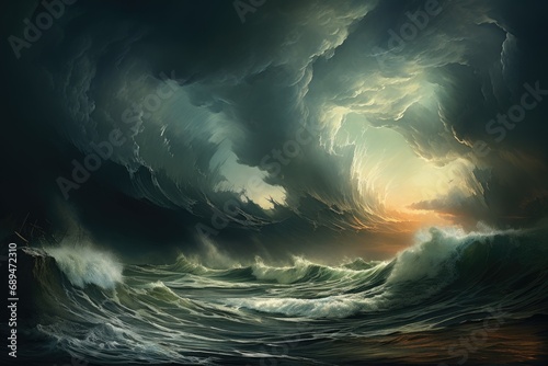 painting of a storm in the ocean, with waves crashing against the shore and a ship struggling to stay afloat photo