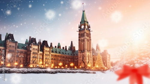 Snow falling at Parliament Hill on Christmas day. Winter holidays and relationship concept