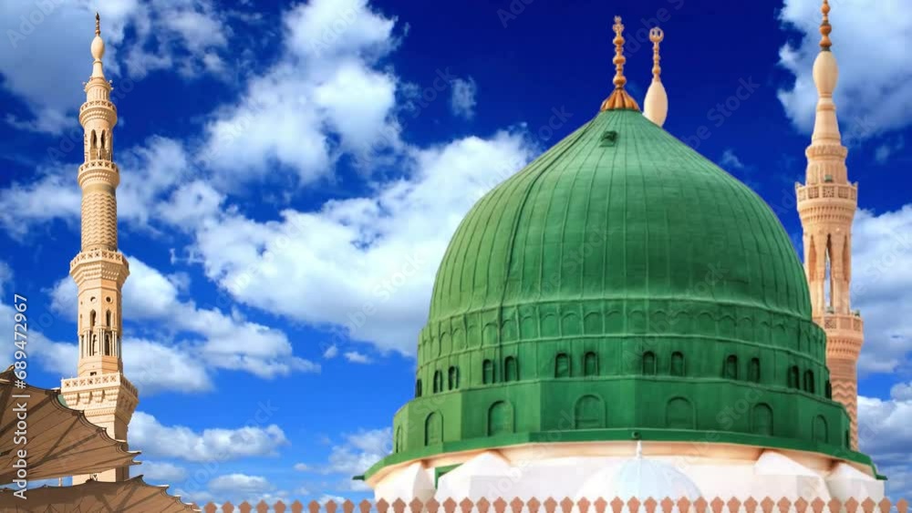 Green Dome in Prophet Mosque, Masjid Nabawi at Cloudy Day in Medina, Saudi Arabia. Close up of Holy Mosque minaret in a cloudy day. Muslim Pilgrims Offer Prayers. Islamic Background. Islam Concept. 
