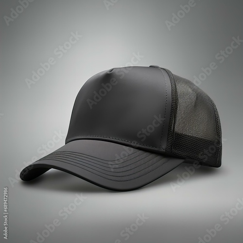 Black trucker hat mockup, 3/4 view