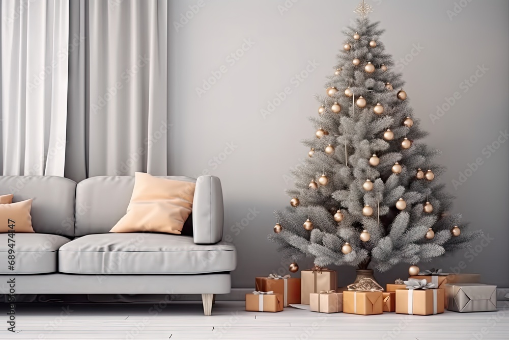 Festive magic. Beautifully decorated christmas tree in cozy room. Warm and bright. Holiday celebrations in modern interior. Xmas decor in stylishly designed living space Festive magic. Beautifully decorated christmas tree in cozy room. Warm and bright. Holiday celebrations in modern interior. Xmas decor in stylishly designed living space