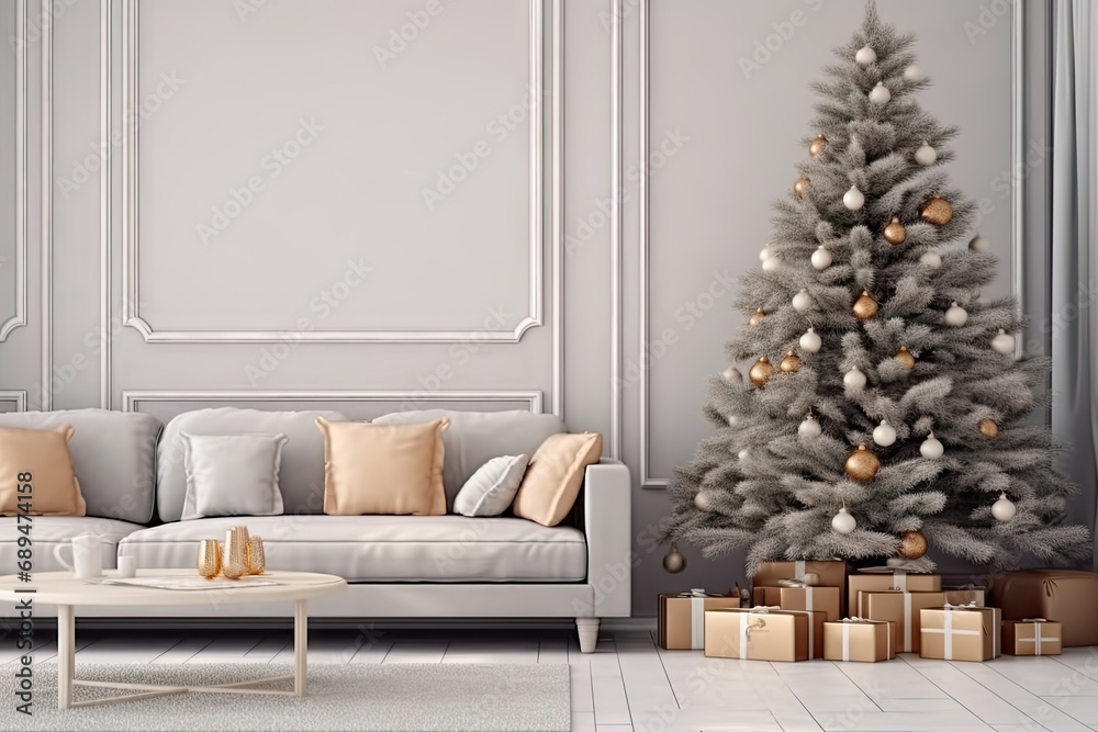 Festive magic. Beautifully decorated christmas tree in cozy room. Warm and bright. Holiday celebrations in modern interior. Xmas decor in stylishly designed living space