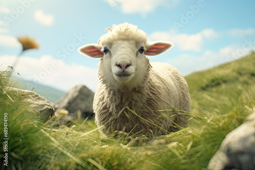 sheep is looking at you from its meadow on farm background. © Smart AI
