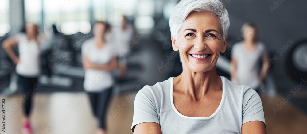 Cheerful senior woman with exercising people in the background at fitness studio.