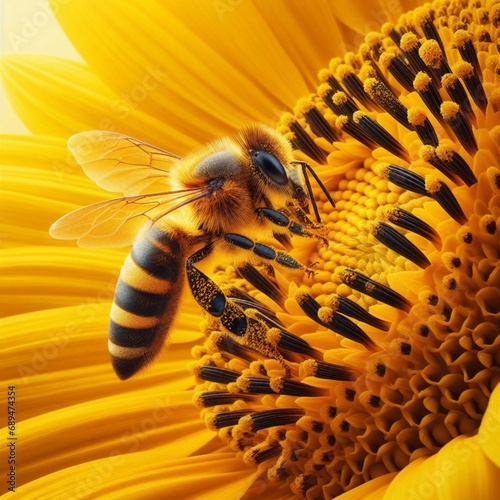 A realistic picture of a bee on a sunflower