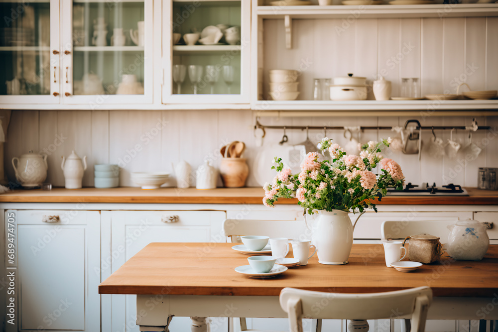 Charming Shabby Chic kitchen: White and wooden furnishings exude style, emanating a rustic charm for a warm and inviting ambiance.
