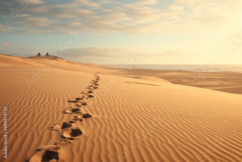Footprints in the sand of the desert, disappearing into the haze