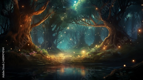a fantasy style drawing of a mystical forest at night with green and turquoise undertones and golden fireflies photo