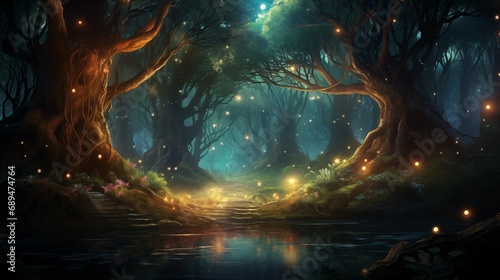 a fantasy style drawing of a mystical forest at night with green and turquoise undertones and golden fireflies