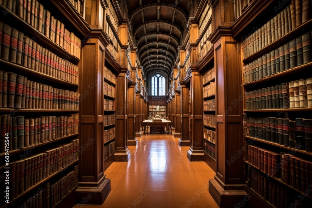 The Library rows full of ancient books. Legal References in a Law Firm