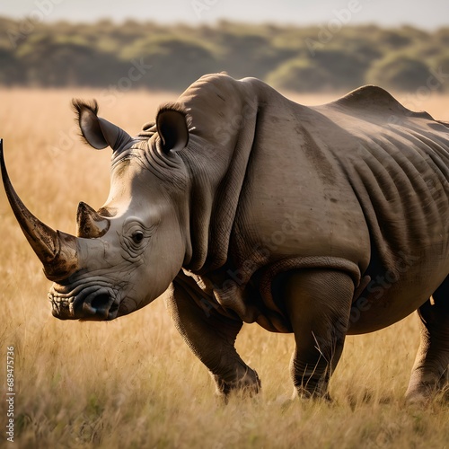 Rhinoceros in the grasslands A scene capturing a rhinoceros roaming through the grasslands, emphasizing their endangered status and the need for conservation © jaijai