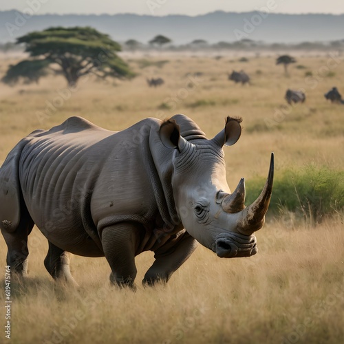 Rhinoceros in the grasslands A scene capturing a rhinoceros roaming through the grasslands  emphasizing their endangered status and the need for conservation