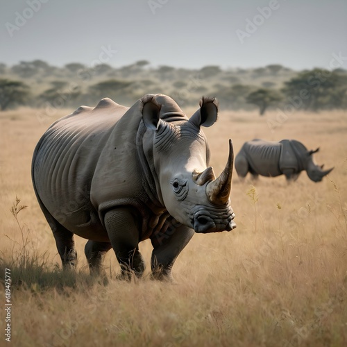 Rhinoceros in the grasslands A scene capturing a rhinoceros roaming through the grasslands  emphasizing their endangered status and the need for conservation
