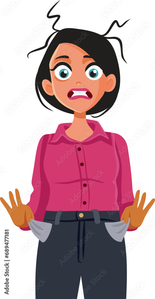 Broke Woman Checking her Empty Pockets Vector Cartoon Illustration. Stressed businesswoman feeling depressed from inflation and recession
Broke Woman Checking her Empty Pockets Vector Cartoon Illustration. Stressed businesswoman feeling depressed from inflation and recession