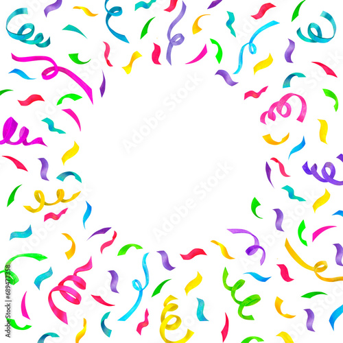 Border or frame with empty space for text framed by confetti and serpentine on white background. Birthday decorations. Celebrating concept.