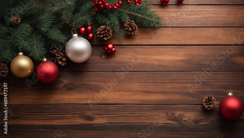 Website Banner, Christmas Themed Wooden Background, Top View, Copy Space for Text