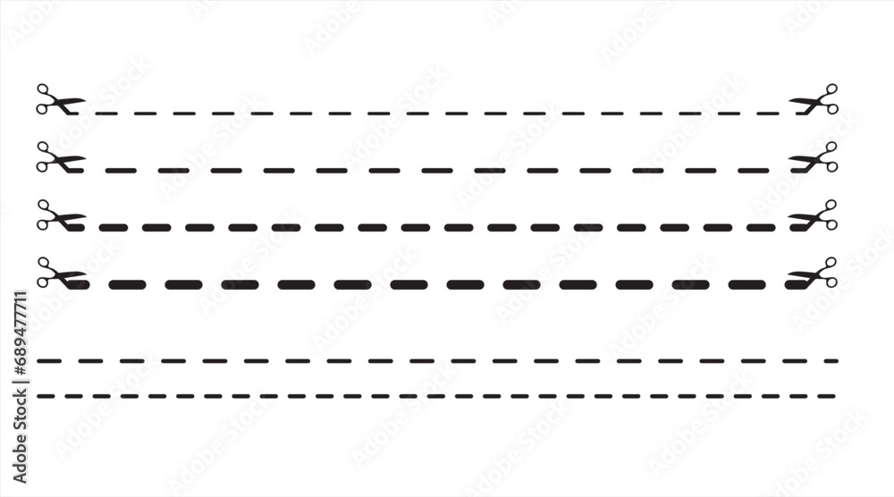 Set of vector dashed lines with scissors. Various black colored stripes on white background Set of vector dashed lines with scissors. Various black colored stripes on white background