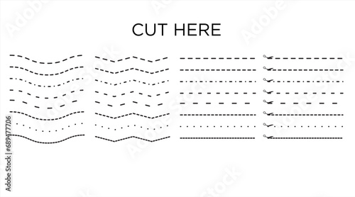 Vector icons. Set of cut dashed lines. Template of various dashed stripes with scissors