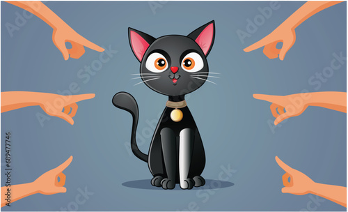 Superstitious People Blaming a Black Cat for Bad Luck Illustration. Humans blaming a kitty for being unlucky having problems
