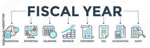 Fiscal year banner concept with icon of budgeting, reporting, calendar, revenue, statement, tax, accounting, and audit. Web icon vector illustration 