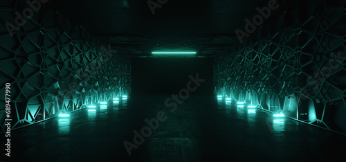 Fototapeta Naklejka Na Ścianę i Meble -  Green Vibrant Glowing Lasers Sci Fi Cyber Futuristic Underground Metal Alien Shaped Walls  Garage Hangar Tunnel Corridor Modern Realistic Parking Showroom Studio 3D Rendering