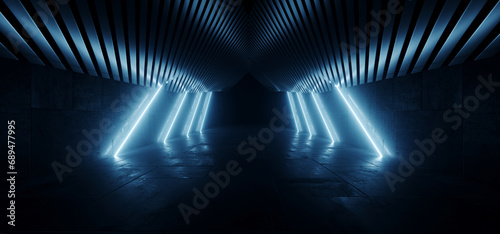 Fototapeta Naklejka Na Ścianę i Meble -  Dark Neon Cyber Glowing Vibrant Blue Beam Laser Lights Future Garage Parking Corridor Tunnel Hangar Warehouse Alien Spaceship Showcase Studio Underground 3D Rendering