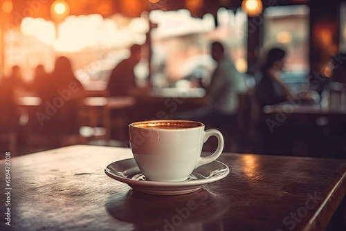 Vintage espresso delight. Enjoying rich cup of caffeine in cozy cafe setting with old world charm warm wooden table background and artful foam accents