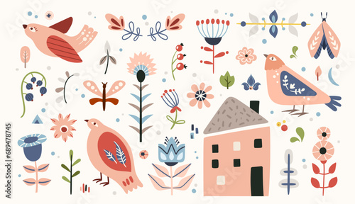Folk hygge clip arts, hand drawn vector set in Scandinavian and Nordic style, isolated designs on white. Collection of classic ethnic elements. The scandi folk motifs - birds, flowers, moth, leaves