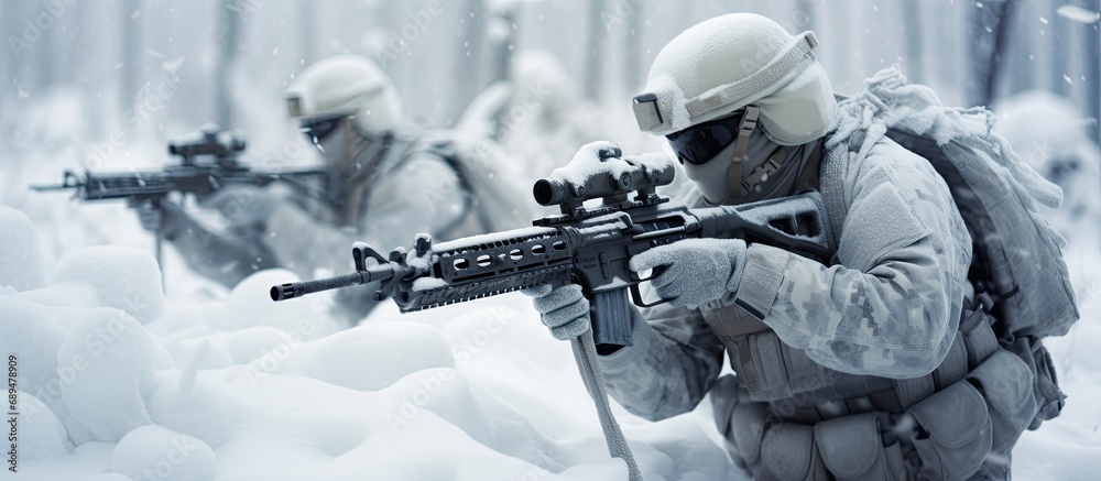 Arctic winter warfare operation in cold conditions, with soldiers in winter camo, on a snowy forest battlefield, with rifles. Focus on soldiers. - obrazy, fototapety, plakaty 