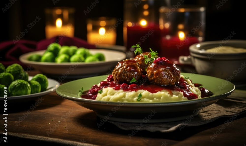 A plate of mashed potatoes with meatballs and cranberry sauce. Generative AI.