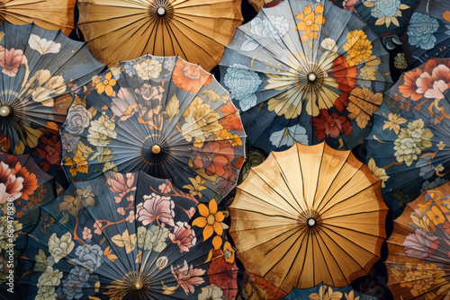 Hand painted wallpaper depicting the top of opened umbrellas with floral designs  surface material texture