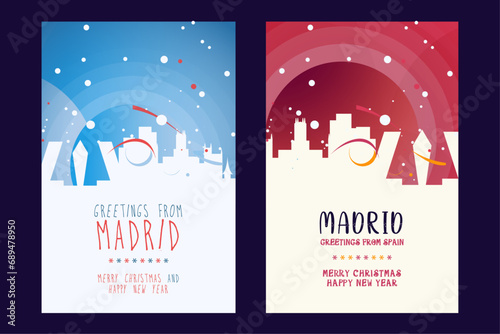 Madrid city poster with Christmas skyline, cityscape, landmarks. Winter Spain capital, megapolis holiday, New Year vertical vector layout for brochure, website, flyer, leaflet, card
