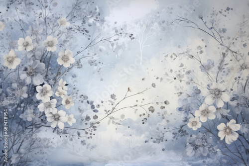 Hand painted mural scene of a snowy floral tapestry, interior surface material texture © Castle Studio