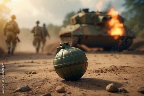 A grenade dropped among soldiers on the battlefield.