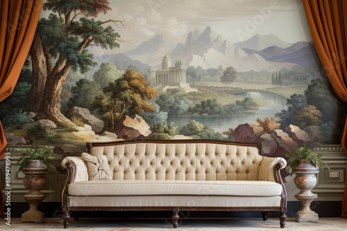 Staged interior scene of a large antique couch in fron t of a detailed imperial mural  photo