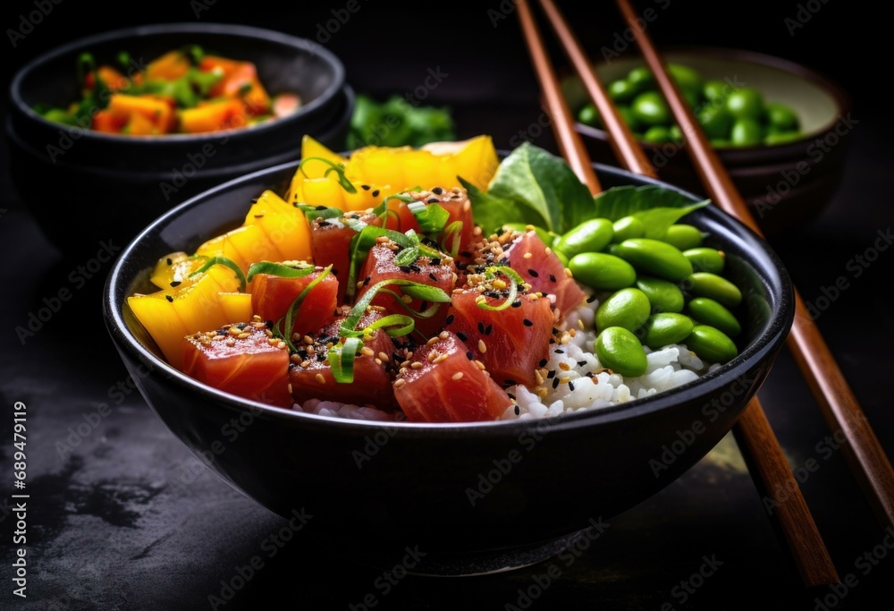 A bowl of sushi with chopsticks and vegetables. Generative AI. A bowl of sushi with chopsticks and vegetables. Generative AI.