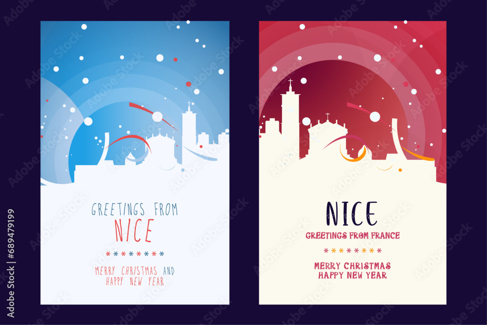 Nice city poster with Christmas skyline, cityscape, landmarks. Winter France, Côte d'Azur town holiday, New Year vertical vector layout for brochure, website, flyer, leaflet, card Nice city poster with Christmas skyline, cityscape, landmarks. Winter France, Côte d'Azur town holiday, New Year vertical vector layout for brochure, website, flyer, leaflet, card
