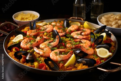 A delicious Spanish paella with saffron-yellow rice, seafood, and vibrant vegetables. Generative AI.
