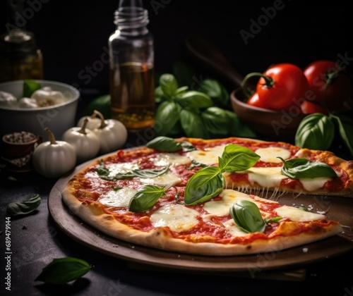 A mouthwatering homemade pizza with crispy crust, fresh mozzarella, , and a drizzle of olive oil on a wooden board. Generative AI.