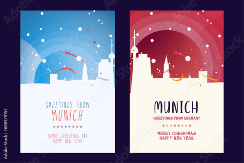 Munich city poster with Christmas skyline, cityscape, landmarks. Winter Germany town holiday, New Year vertical vector layout for brochure, website, flyer, leaflet, card