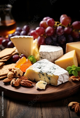 A delicious platter of artisanal cheeses, accompanied by crackers, nuts, and grapes, beautifully arranged on a wooden board. Generative AI.