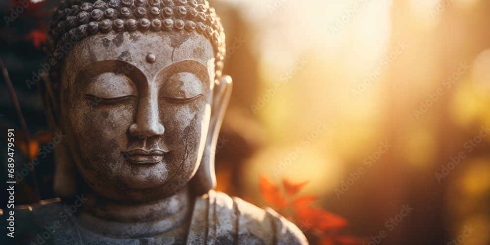Mindful background with peaceful buddha statue meditating in the sunrise - obrazy, fototapety, plakaty 