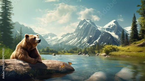 brown bear sitting on a rock and looking maountain. seamless looping time-lapse virtual video Animation Background. photo